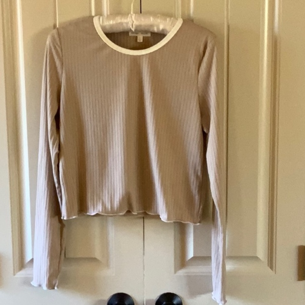 Moa Moa branch ribbed, tan, long-sleeved top with white trim